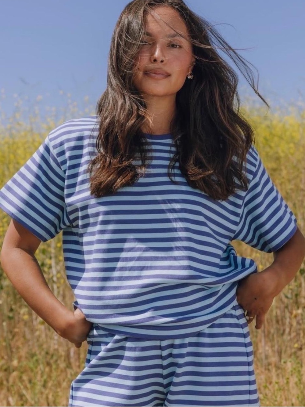 Daily Drills Striped Cotton Relaxed Tee - Malibu + Navy Stripe Size M/L NWOT